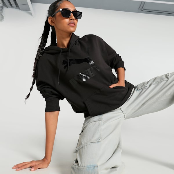 CLASSICS Shiny Logo Women's Hoodie, PUMA Black, extralarge-IND
