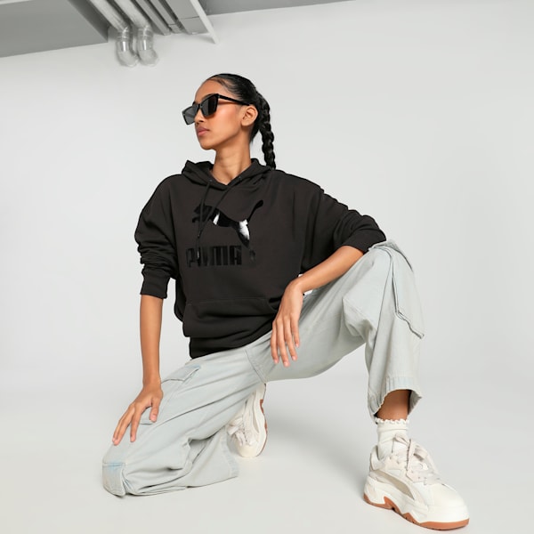 CLASSICS Shiny Logo Women's Hoodie, PUMA Black, extralarge-IND
