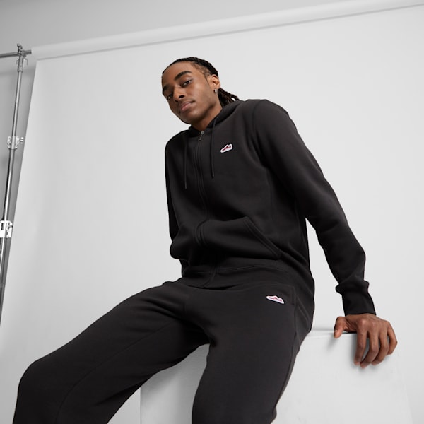 Sudadera con capucha y cremallera completa con logotipo de gamuza para hombre, PUMA Black, extralarge