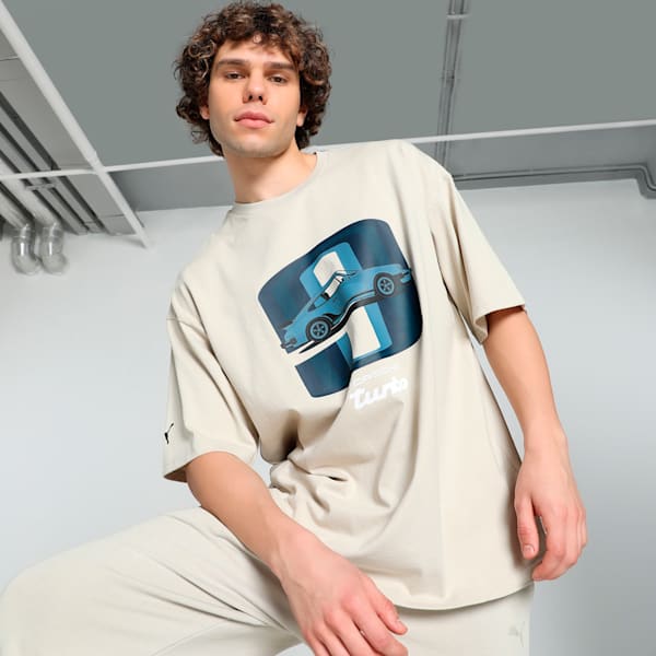 Porsche Legacy 911 Graphic Men's Oversized Fit Motorsport Tee, Desert Dust, extralarge-IND