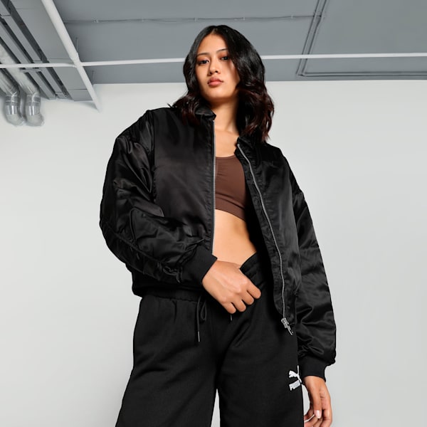Women's Relaxed Fit Satin Bomber Jacket, PUMA Black, extralarge-IND