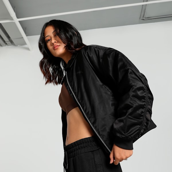 Women's Relaxed Fit Satin Bomber Jacket, PUMA Black, extralarge-IND