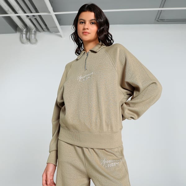 CLASSICS Half Zip Women's Relaxed Fit Polo Sweatshirt, Oak Branch, extralarge-IND