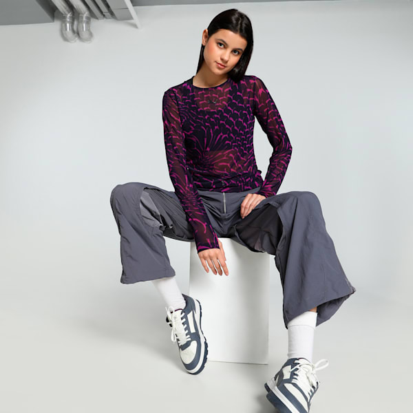 DARE TO Mesh Long Sleeve Women's Slim Fit Tee, Midnight Plum-AOP, extralarge-IND