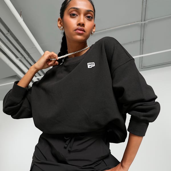 DOWNTOWN RE:COLLECTION Women's Crew Neck Oversized Fit Sweatshirt, PUMA Black, extralarge-IND