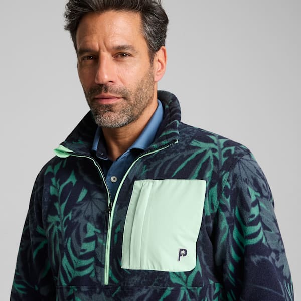 メンズ ゴルフ PUMA x PTC ハーフジップ パームフリース クルースウェット, Deep Navy-Sparkling Green, extralarge-JPN