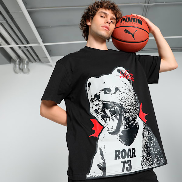 He Can Hoop Men's Oversized Fit Basketball Tee, PUMA Black, extralarge-IND