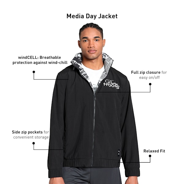 Media Day Men's Relaxed Fit Basketball Jacket, PUMA Black-AOP, extralarge-IND