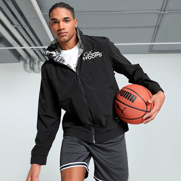 Media Day Men's Relaxed Fit Basketball Jacket, PUMA Black-AOP, extralarge-IND