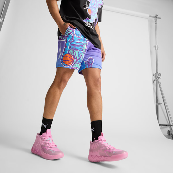 Shorts de baloncesto con estampado PUMA x LAMELO BALL CHARLOTTE para hombre, Purple Glimmer-AOP, extralarge