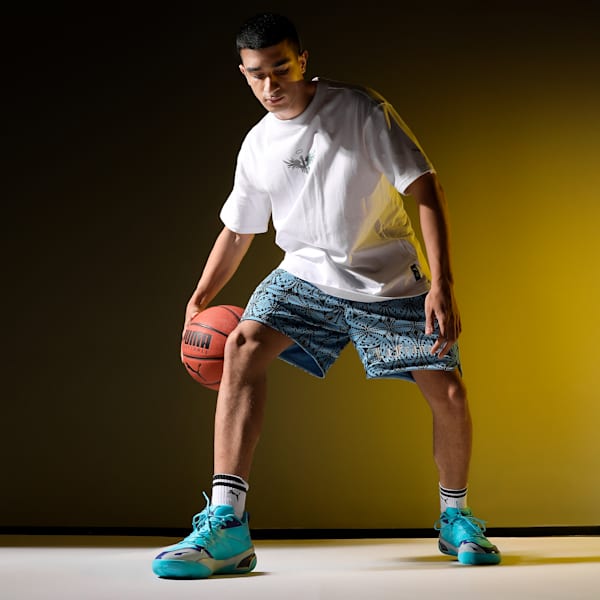HOOPS x LAFRANCÉ Mosaic Men's Relaxed Fit Basketball Shorts, Team Light Blue-AOP, extralarge-IND