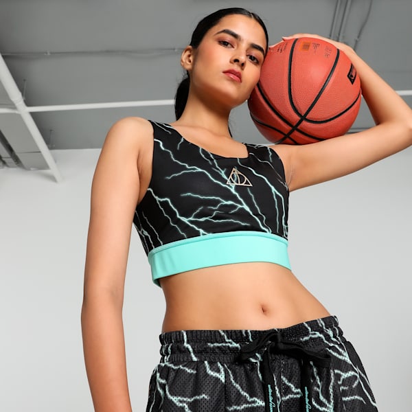 PUMA HOOPS x HARRY POTTER™ Women's Sports Bra, PUMA Black-AOP, extralarge-IND