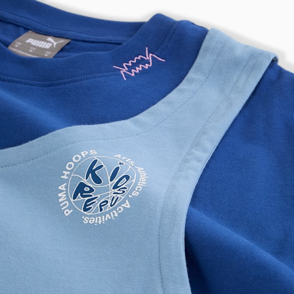 Blue PUMA kids' top with light blue overlay and 'Kids' logo detail.