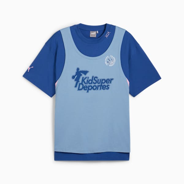 Blue PUMA KidSuper Deportes kids' T-shirt with layered design and logo graphics.