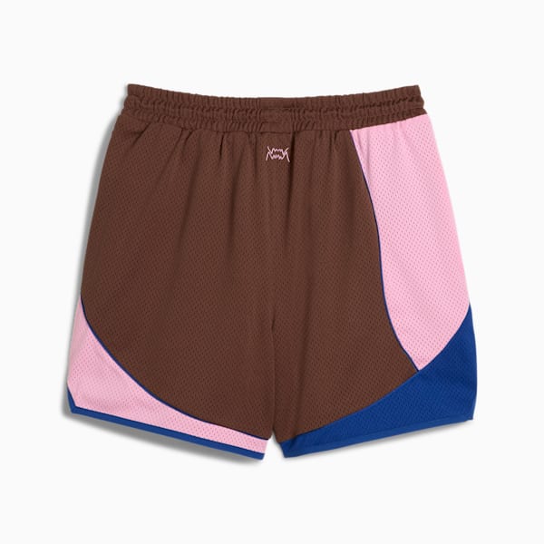 Brown PUMA shorts with pink and blue panels, crafted for comfort and style.