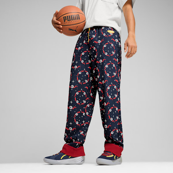 Pantalón de pijama PUMA HOOPS x POLAR EXPRESS para hombre, Club Navy-Intense Red-AOP, extralarge