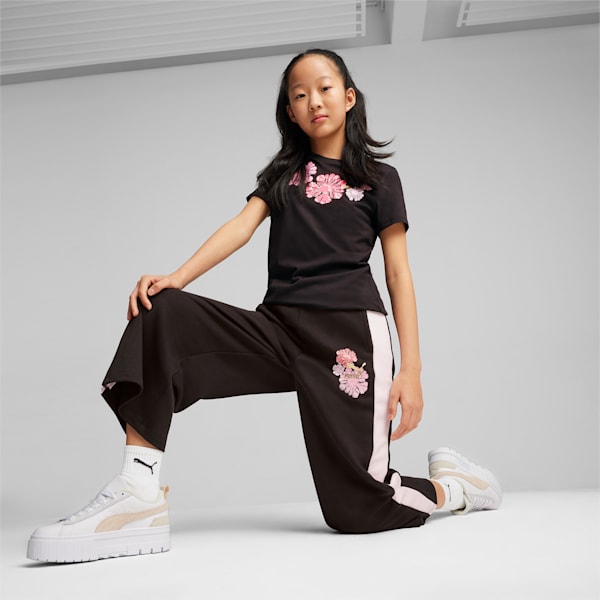 T7 Floral Print Girl's Relaxed Fit 7/8 Sweatpants, PUMA Black, extralarge-IND