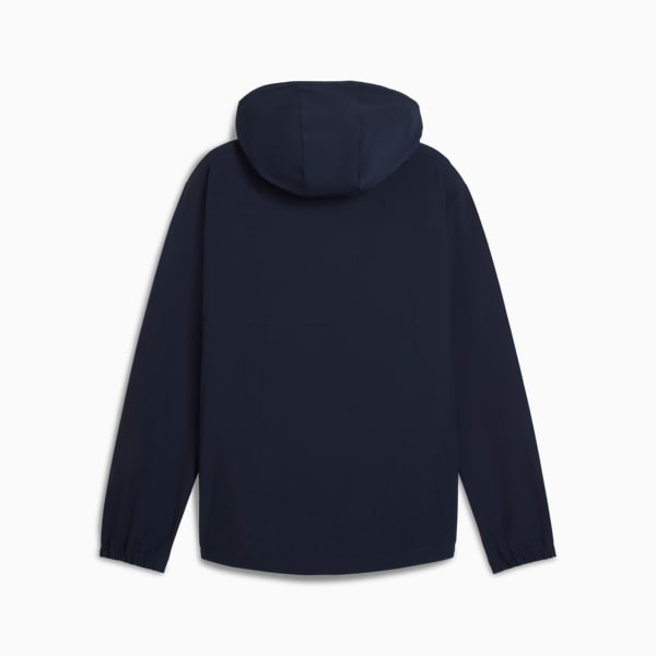 Navy PUMA hooded jacket adult, showcasing a plain back with long sleeves.