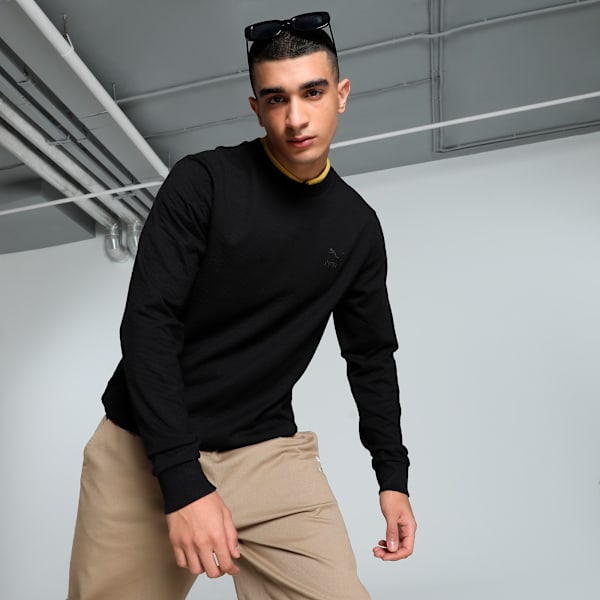 CLASSICS Textured Men's Crew-Neck Slim Fit Sweatshirt, PUMA Black, extralarge-IND