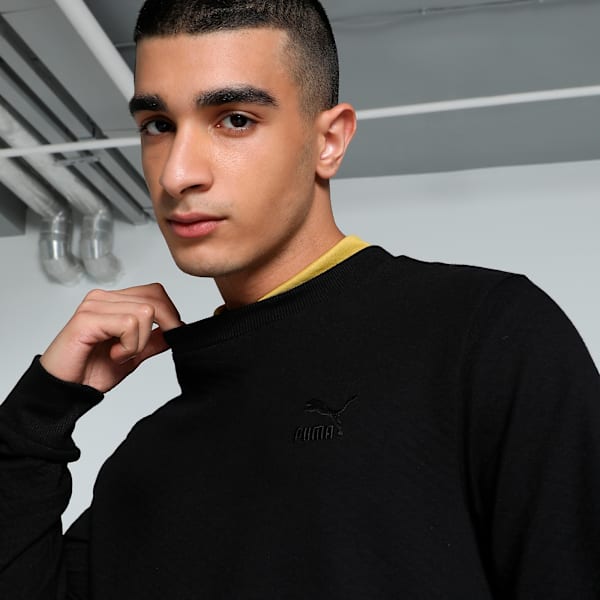 CLASSICS Textured Men's Crew-Neck Slim Fit Sweatshirt, PUMA Black, extralarge-IND