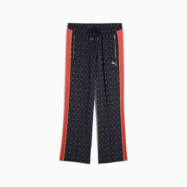 Patterned PUMA men's track pants with red side stripes and zip pockets.