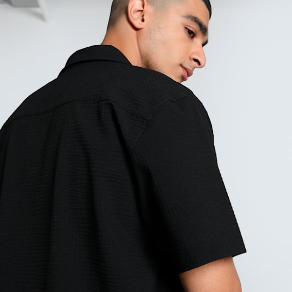WARDROBE Essentials Men's Seersucker Relaxed Fit Shirt, PUMA Black, extralarge-IND