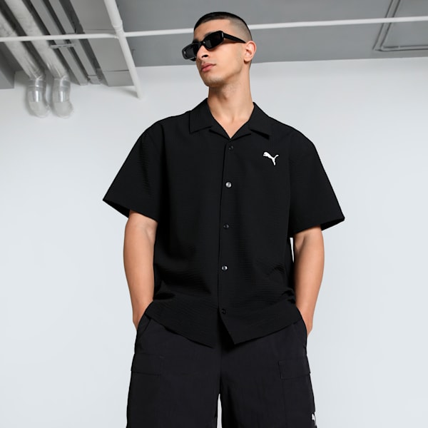 WARDROBE Essentials Men's Seersucker Relaxed Fit Shirt, PUMA Black, extralarge-IND