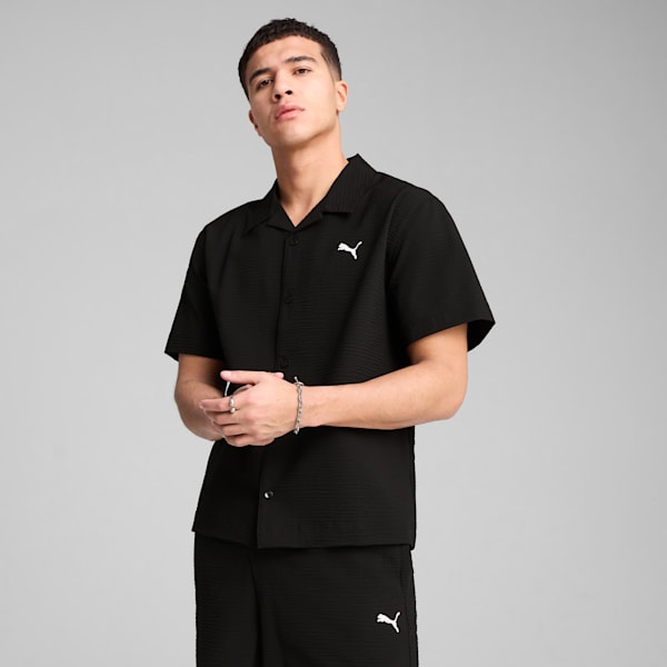 WARDROBE ESSENTIALS Men's Seersucker Relaxed Shirt, PUMA Black, extralarge