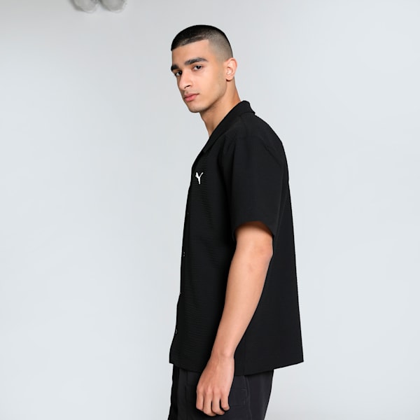 WARDROBE Essentials Men's Seersucker Relaxed Fit Shirt, PUMA Black, extralarge-IND