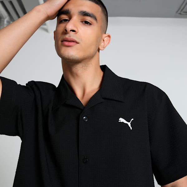 WARDROBE Essentials Men's Seersucker Relaxed Fit Shirt, PUMA Black, extralarge-IND