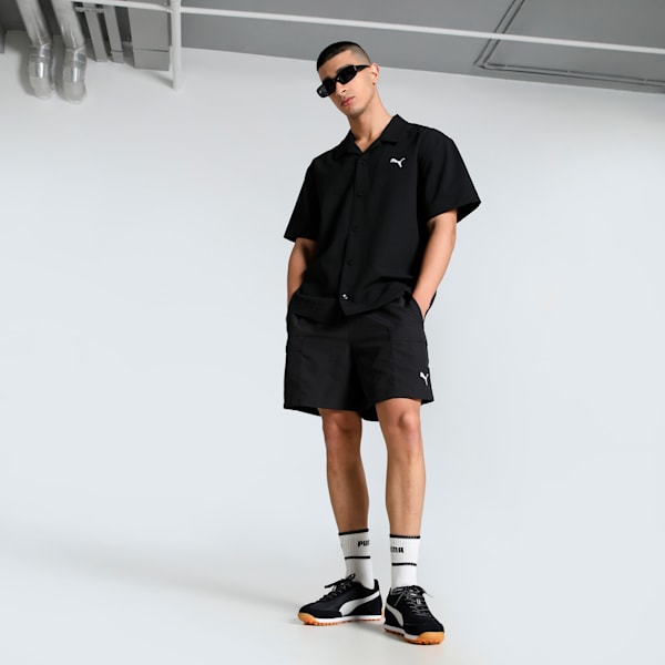 WARDROBE Essentials Men's Seersucker Relaxed Fit Shirt, PUMA Black, extralarge-IND