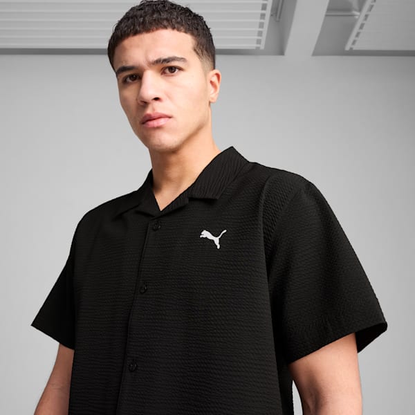 WARDROBE ESSENTIALS Men's Seersucker Relaxed Shirt, PUMA Black, extralarge