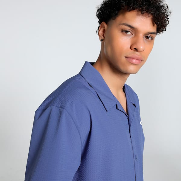 WARDROBE Essentials Men's Seersucker Relaxed Fit Shirt, Blue Crystal, extralarge-IND