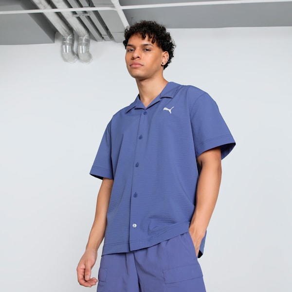 WARDROBE Essentials Men's Seersucker Relaxed Fit Shirt, Blue Crystal, extralarge-IND