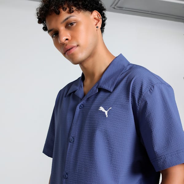 WARDROBE Essentials Men's Seersucker Relaxed Fit Shirt, Blue Crystal, extralarge-IND