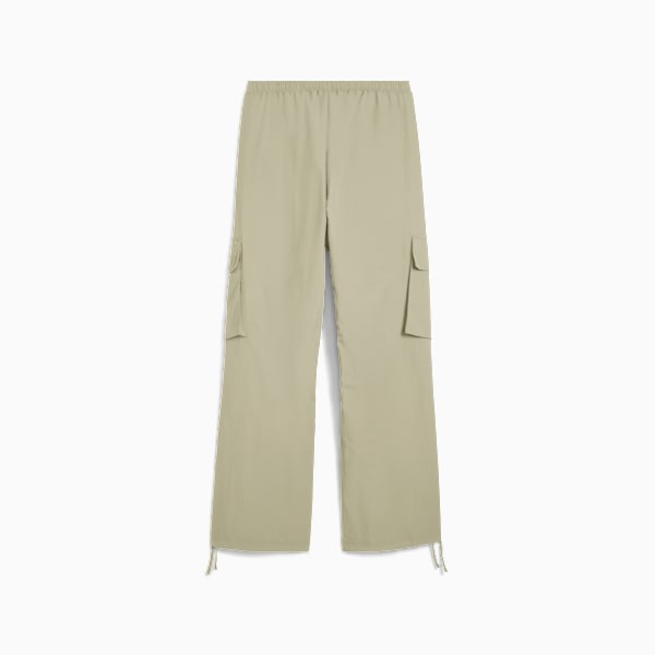 Khaki PUMA women's trousers with side pockets and drawstring hems.