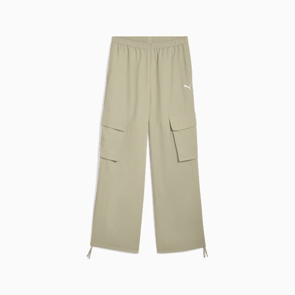 Khaki PUMA trousers for women, featuring side pockets and a white logo.