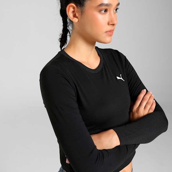 WARDROBE Essentials Women's Slim Fit Longsleeve Crop Tee, PUMA Black, extralarge-IND