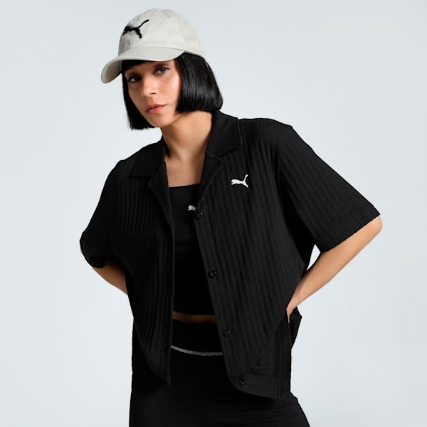 WARDROBE Essentials Women's Relaxed Fit Pointelle Shirt, PUMA Black, extralarge-IND