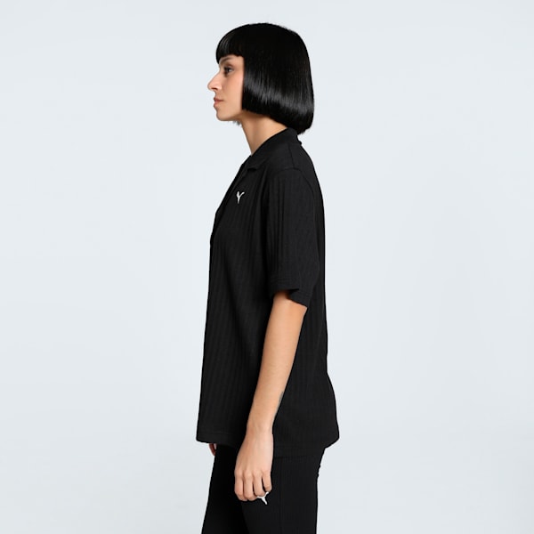 WARDROBE Essentials Women's Relaxed Fit Pointelle Shirt, PUMA Black, extralarge-IND