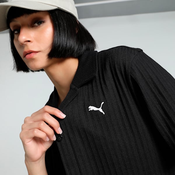 WARDROBE Essentials Women's Relaxed Fit Pointelle Shirt, PUMA Black, extralarge-IND