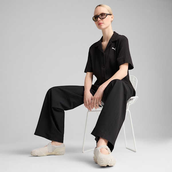 WARDROBE ESSENTIALS Women's Pointelle Shirt, PUMA Black, extralarge