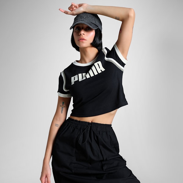 FUTURE..ARCHIVE Graphic Women's Slim Fit Crop Tee, PUMA Black-Alpine Snow, extralarge-IND