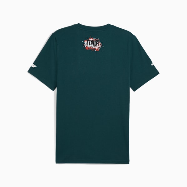 Green PUMA T-shirt for adults with 'ITALIA' text and paint splash design on the back.