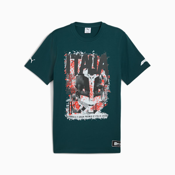 Green PUMA men's T-shirt with 'Italia 95' graphic and 'Formula 1 Gran Premio D'Italia 2025'.