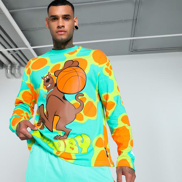 HOOPS x SCOOBY DOO Men's Long Sleeve Oversized Fit Basketball Tee, Aquatic-Lime Smash-AOP, extralarge-IND
