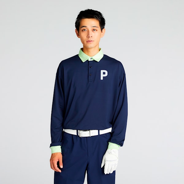 メンズ ゴルフ PC ピーチ ストレッチ スムース リラックス 長袖 ポロシャツ, Deep Navy, extralarge-JPN