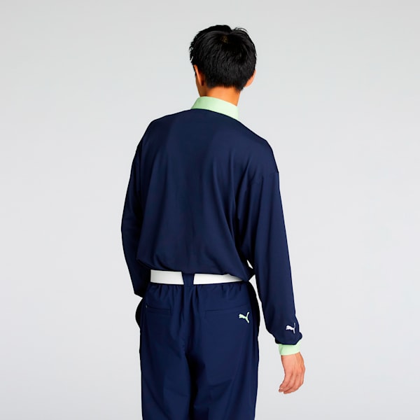メンズ ゴルフ PC ピーチ ストレッチ スムース リラックス 長袖 ポロシャツ, Deep Navy, extralarge-JPN