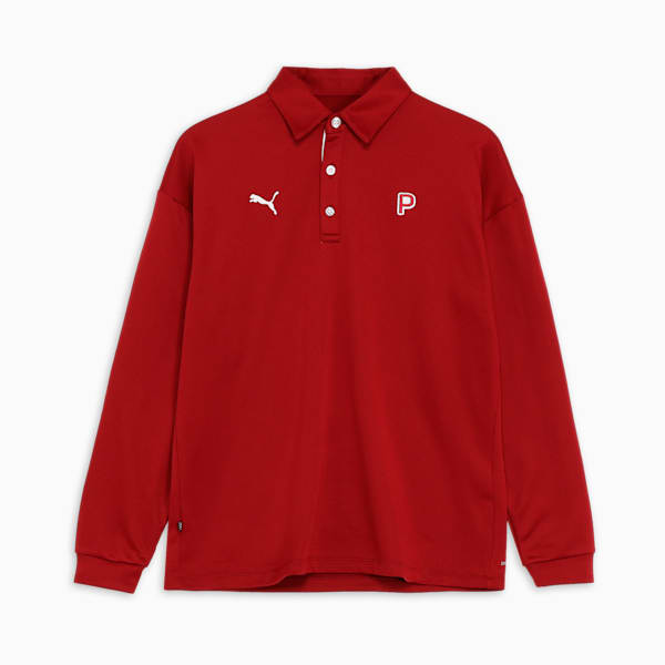 メンズ ゴルフ PC ストレッチ グリッド フリース リラックス P 長袖 ポロシャツ, Intense Red, extralarge-JPN