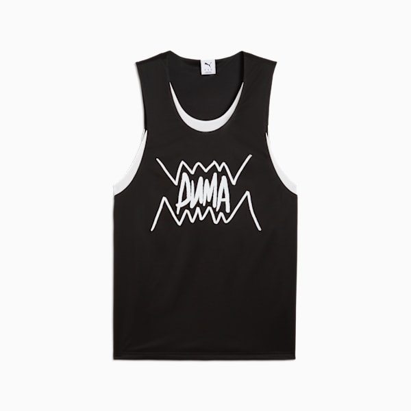 Black PUMA men's tank top with white logo and trim detail.